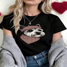 Cute Dog Graphic T-Shirt, 100% Cotton Oversized Soft Breathable Casual Crewneck Short Sleeve Top, Retro Aesthetic Summer Vibes Tee For Pet Lovers & Dog Enthusiasts - 黑色 - 查看 18