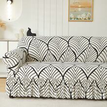 1pc Geometric Leaf Pattern Printed Sofa Cover, Dust-Proof And Dirt-Resistant, Elastic One-Piece Full Coverage Skirt Sofa Protector, Living Room Home Decor, 1/2/3/4 Seater Sofa Decoration, All Season Universal, Machine Washable And Hand Washable - Black and White - View 4