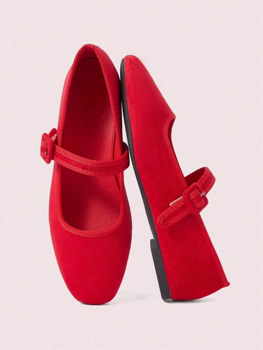 Navy Blue Suede Mary Jane Flat Shoes, Round Toe Shoe With Strap And Decorative Brooch For Office, Dates And Casual Outings, Women's Fashion - 白色 - 查看 1