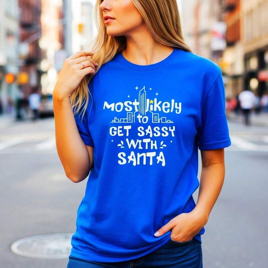 Stylish Everyday Outfits: Women's Cotton Graphic T-Shirt With Santa Claus Print, Casual Loose Fit Short Sleeves, "More Likely To Be Daring With Santa" Print, Fest T-Shirts - 藍色 - 查看 1