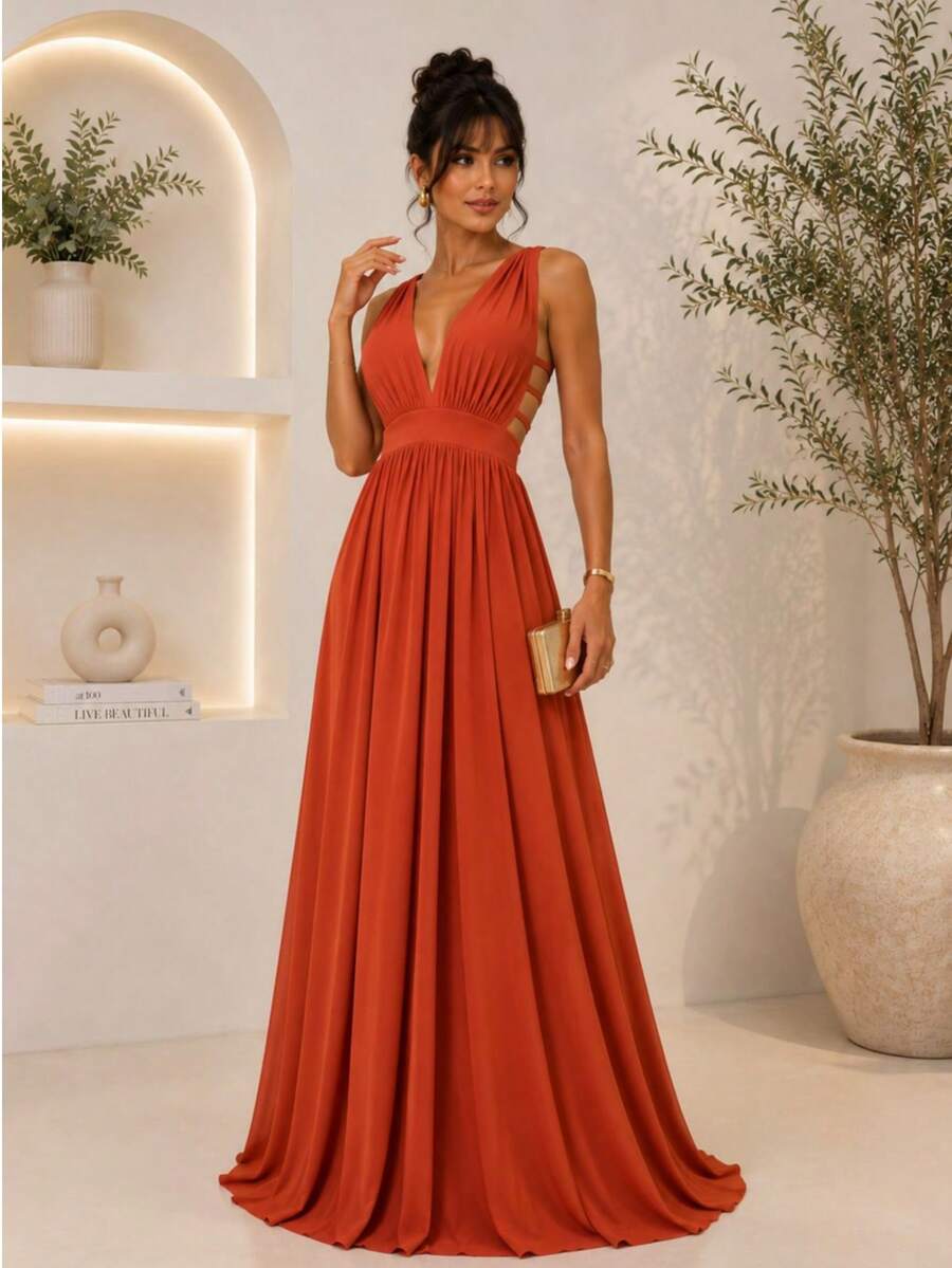 Cheap Bridesmaid Dress For Party Guests, Reception, Graduation, Without Shine, Open On The Side - terracota - Ver 1