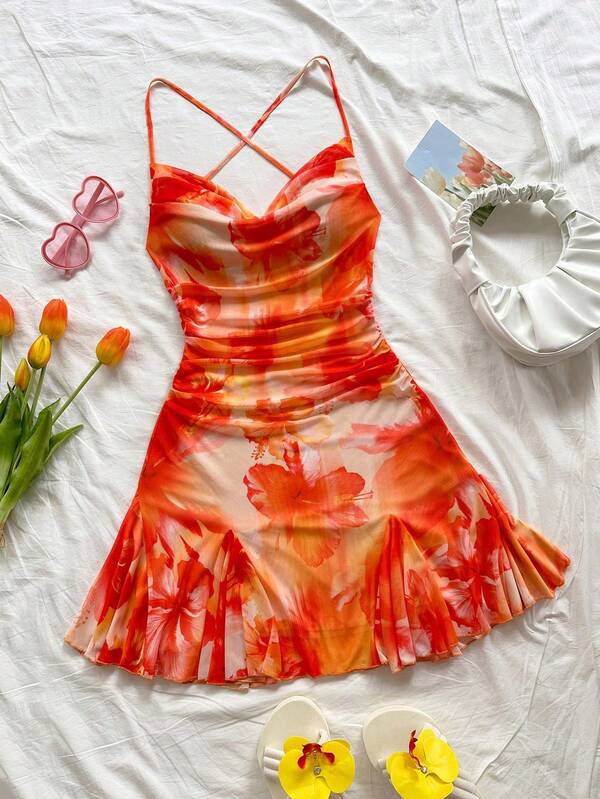 Decote Ep, Costas Nuas, Detalhe de Laço, Bainha Sereia, Estilo Romântico, Vestido Mini para Hora do Chá, Passeios ao Ar Livre, Encontros, Roupa de Praia, Malha, Jovem & Feminino.