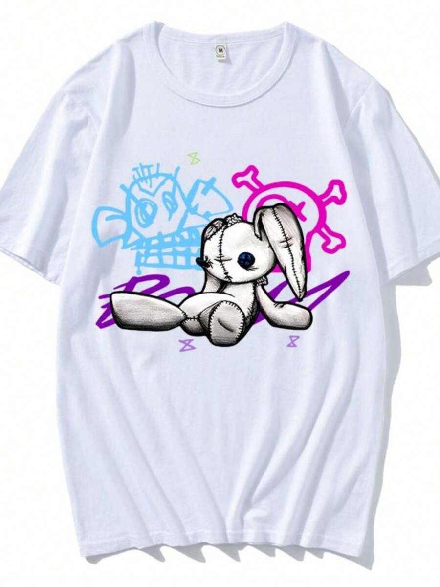 Women's Y2K Streetwear Short Sleeve Round Neck Black T-Shirt With Cute Stuffed Bunny Graphic Print, Casual Knitted Top - 白色 - 查看 1