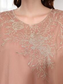 Heavy Embroidery Gold Arabic Women's Summer Mocha Brown Elegant Dress, JALABIA Ruffle Trim 3/4 Sleeve, Summer Casual Party Outfit - Mocha Brown - View 7