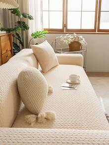 1pc Solid Color Fleece Full Coverage Elastic Sofa Cover, Geometric Pattern Design, Foam Rod Fixed Non-Slip Pet-Friendly, All Season Use Vacation Leisure Holiday Decor, Combination Sofa Chaise Lounge Straight Sofa Sofa Cover - Beige - View 7