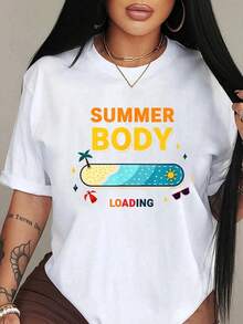 Women's 100% Pure Cotton Summer T-Shirt With A Beach And Fitness Motivational Print, Comfortable And Cozy Summer Styles, Suitable For Everyday Casual Wear... - 白色 - 查看 1