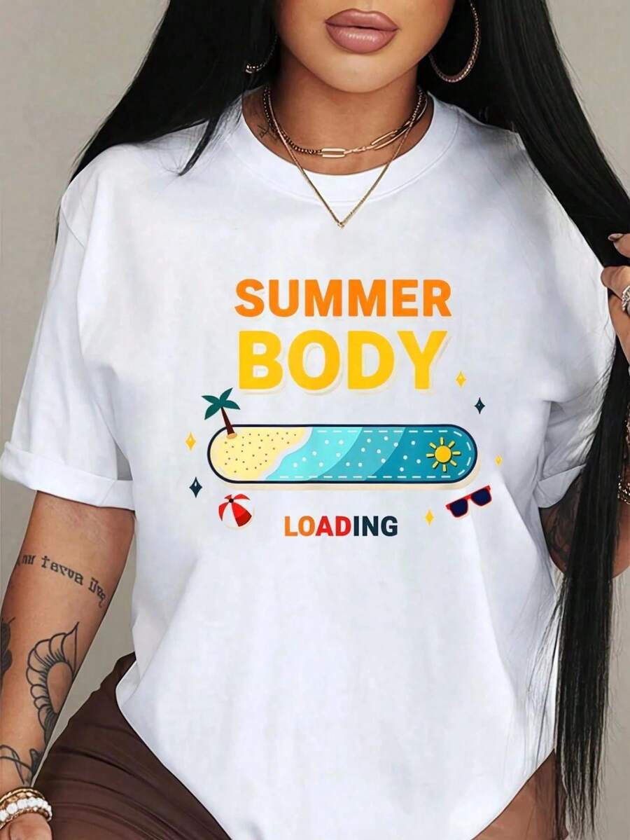 Women's 100% Pure Cotton Summer T-Shirt With A Beach And Fitness Motivational Print, Comfortable And Cozy Summer Styles, Suitable For Everyday Casual Wear... - 白色 - 查看 1