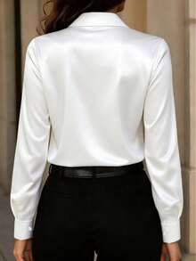 Camisa de satén con botones para mujer, de nueva llegada, de moda, versátil y adecuada para todas las estaciones, color blanco primaveral - Blanco - Ver 3