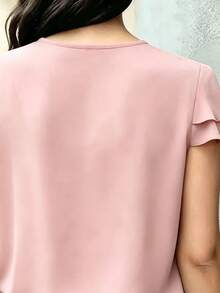 Solid Color Cutout Ruffle Button Shirt Office Summer Pink - Pink - View 2
