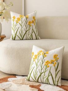 1pc Modern Pastoral Country Style Yellow Ditsy Floral Fresh Embroidered Flower Soft Washable Machine Washable Removable Sofa Bedroom Living Room Home Versatile Decorative Pillow Cover - Yellow - View 7