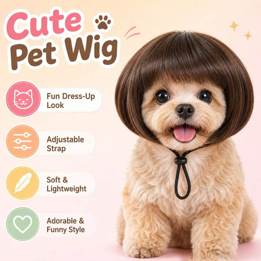 Adjustable Pet Bob Wig With Elastic Strap, Soft Lightweight Pet Cosplay Costume Wig, Funny Dress Up Hair Accessory For Small Dogs & Cats Party Photo Props, Halloween - Multicolor - View 1