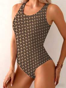 A Women's Stylish Swimsuit For The Festive Season, Featuring A Beige Geometric Floral Pattern, A Bohemian Minimalist Design, And An Elegant Waist Spo - Multicolor - View 2