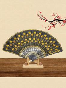 1pc Forever & Moment Elegant Colorful Embroidered Floral Pattern Sequin Fabric Folding Hand Fan, Suitable For Group Dance, Wedding And Festival - Multicolor - View 15