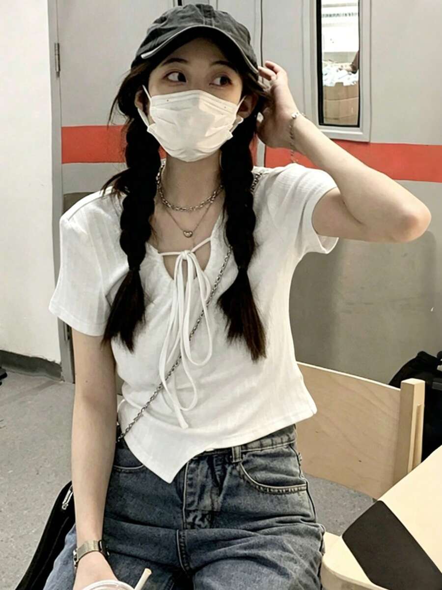 灰色不對稱休閒女款短袖T恤 白色夏季 - 白色 - 查看 1