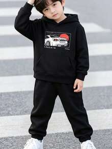 Boys Car Print Hoodie & Sweatpants - Black - View 1