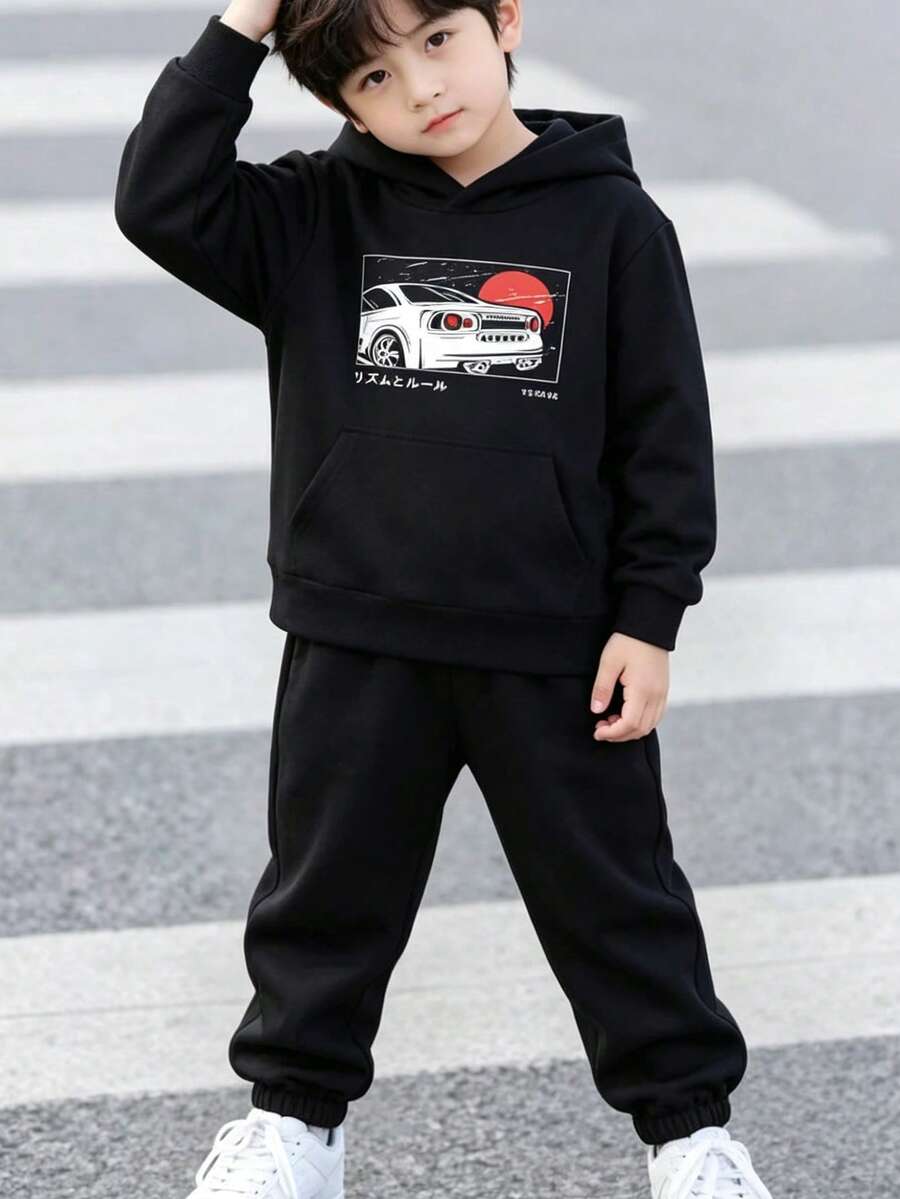 Boys Car Print Hoodie & Sweatpants - Black - View 1
