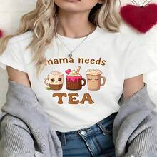 Kawaii Mama Needs Tea Graphic T-Shirt, 100% Cotton Oversized Soft Breathable Casual Crewneck Short Sleeve Top, Cute Coffee Lover Tee For Women And Mom Life Enthusiasts - Blanco - Ver 19