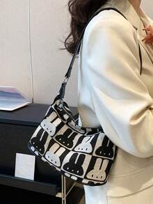 Casual Cute Rabbit Canvas Bag Women's New Fashion Versatile Niche Dumpling Bag Shoulder Crossbody Bag - Black and White - View 3