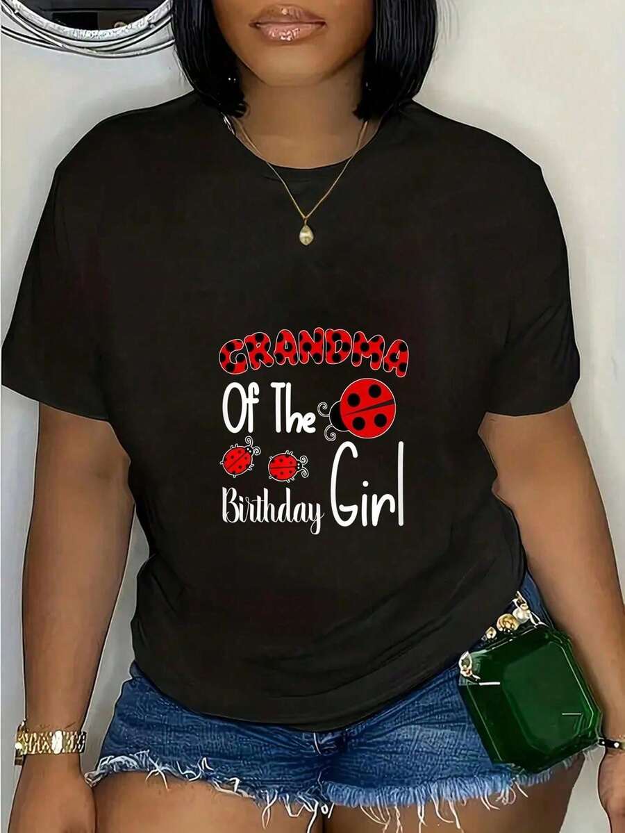 Camiseta casual 100% algodón para mujer, "Abuela de la niña de cumpleaños", camiseta a juego para amantes de las mariquitas. - Negro - Ver 1