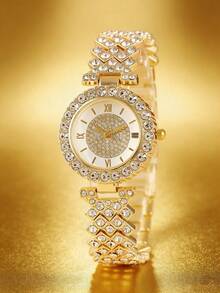 6pcs/Set Women's Gold Bracelet Style Zirconia Inlaid Chain Quartz Watch And Jewelry Set, Cute Gift For Girls - Multicolor - View 4