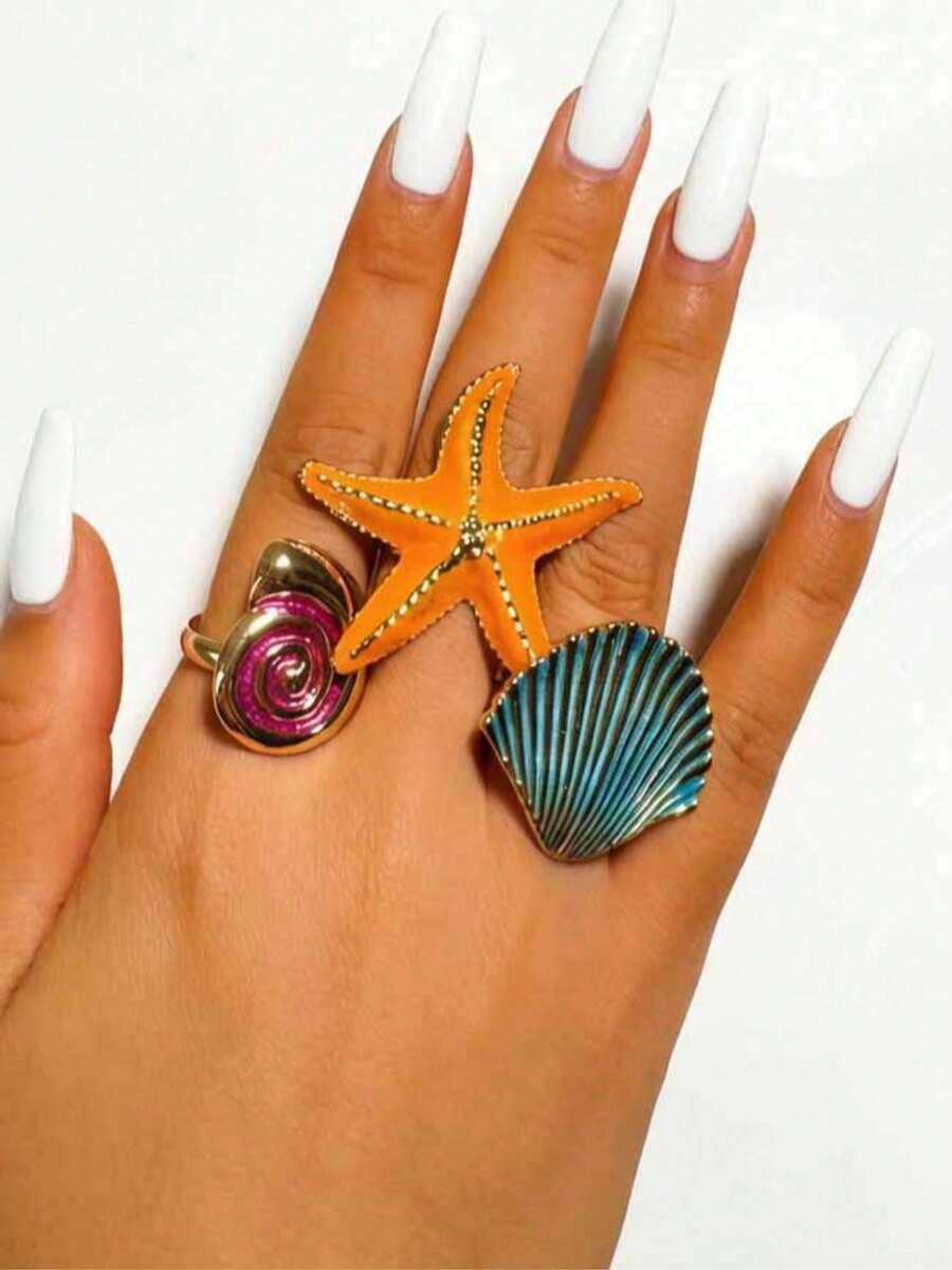 imoli 3pcs/Set Bohemian Beach Vacation Stackable Ocean Theme Enamel Orange Starfish + Pink Spiral Conch + Turquoise Scallop Shell Personalized Ring Set, Knuckle Rings, Suitable For Summer Seaside Party Daily Wear Jewelry Gift