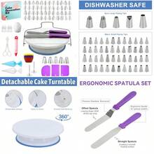 103 piezas de kit de decoración de pasteles herramientas de decoración de pasteles con soporte giratorio para pasteles 2 espátulas de glaseado 48+5 puntas de glaseado 20+1 bolsas de tuberías 12 - Púrpura - Ver 1