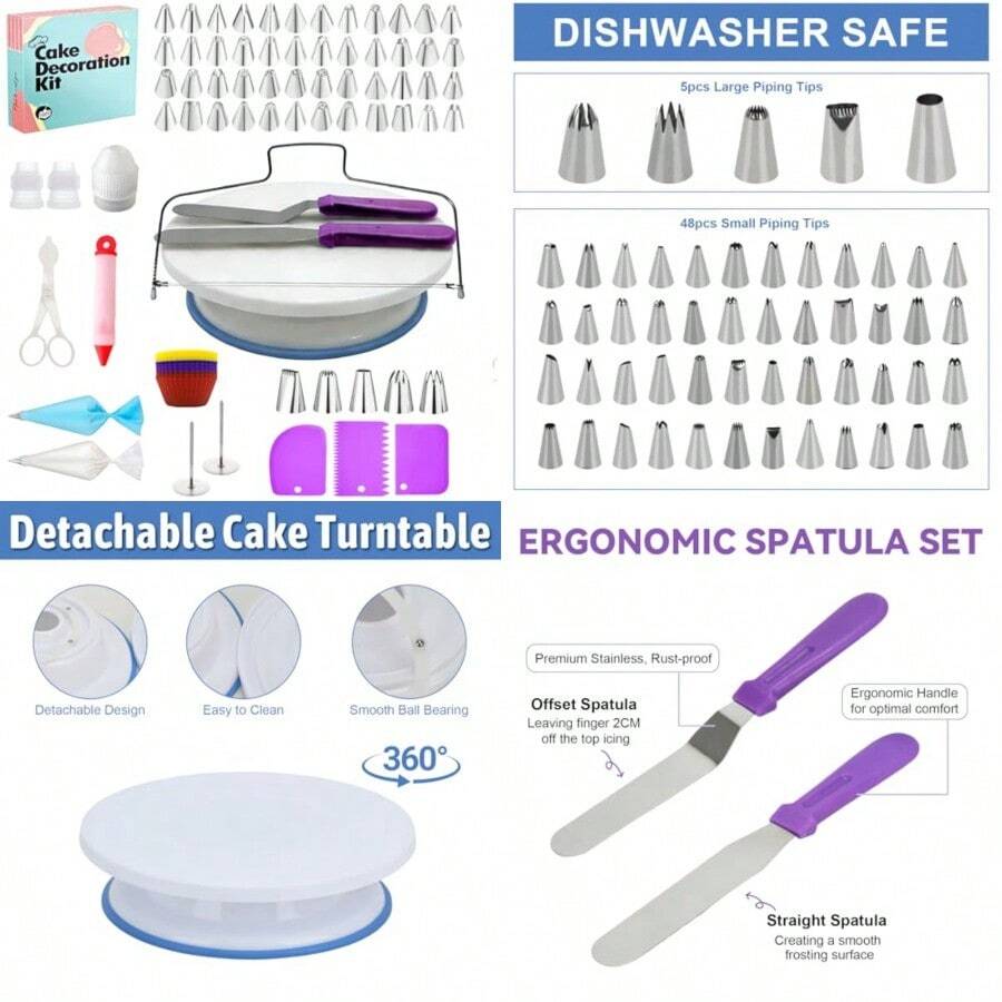 103 piezas de kit de decoración de pasteles herramientas de decoración de pasteles con soporte giratorio para pasteles 2 espátulas de glaseado 48+5 puntas de glaseado 20+1 bolsas de tuberías 12 - Púrpura - Ver 1