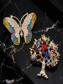 2pcs Vintage Colorful Random Rhinestone Brooches, Butterfly And Tree Of Life Rhinestone Random Pins, Luxurious Texture Brooches, Suitable For Suits, Coats And Sweaters, Vintage Style, Creative Gift For Best Friends (Tree Of Life Rhinestone Random) - Multicolor - View 6