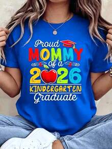 Women's Cotton T-Shirts, Proud Mommy Of A 2026 Kindergarten Graduate T-Shirt For Mother Graduation Celebration Gift For Mom School Event Party Wear, Basic Women's Blouses - 藍色 - 查看 9