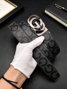 1 pièce Ceinture pour homme avec boucle automatique, personnalisée avec lettre G, imprimé bohème lettre G, ceinture de taille décontractée pour le bureau, la maison, les fêtes, les voyages, 120 cm, 1 pièce - Noir - Voir 4