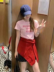 女款對比色字母印花短袖T恤 通勤百搭顯瘦短版圓領上衣 休閒粉色夏季 - 粉色 - 查看 3