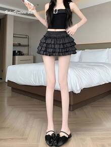 Women's Mini Skirt, Spring/Summer, Fleece-Lined Skirt, Cake Skirt, Half-Length Skirt, High Waist, Girly, Cute, Fresh, Sweet, Polyester, Stretchy, Lightweight, Flared, Mini Length, Clean, Feminine, Sweet, French Style, School, Day - Black - View 3
