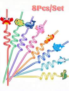 8pcs Reusable Tropical Straws | Reusable Spiral Straws | Hawaiian Tropical Rainforest Theme, Suitable For Summer Beach, Poolside And Birthday Parties, With Palm Tree, Ice Cream And Pineapple Tropical Decorations - View 6