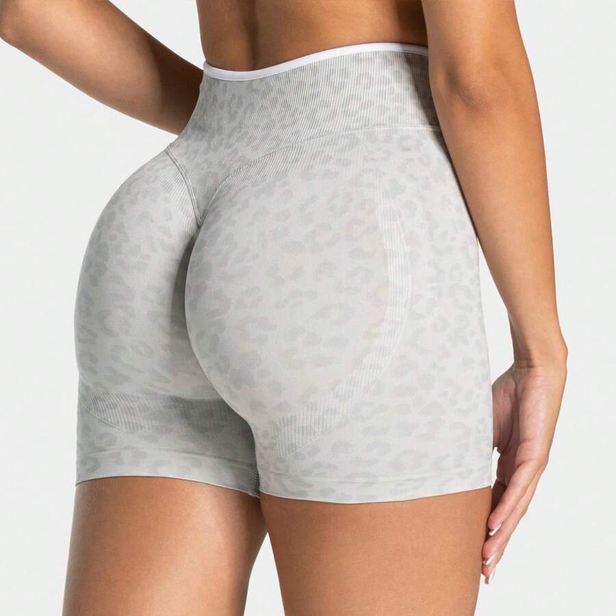 Top Deportivo Sin Costuras Acanalado Con Estampado De Leopardo Para Mujer - Pantalones cortos con estampado de leopardo gris claro - Ver 1