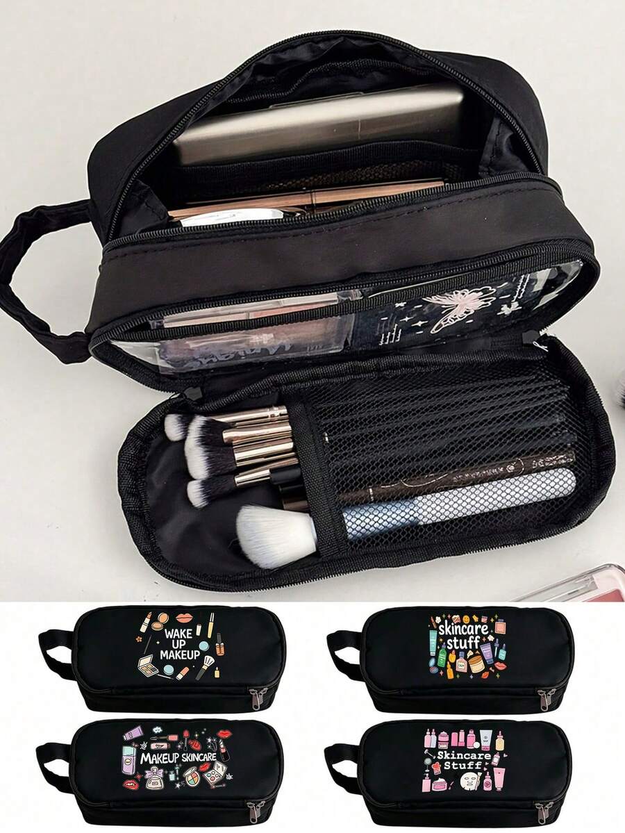 Nylon Kosmetiktasche, Muster mit Kosmetik- und Hautpflegemustern, große Kapazität Kosmetiktasche, tragbare Fächer, Aufbewahrungstasche, tragbare minimalistische Reise-Ins-Stil Aufbewahrungstasche, tragbare Kosmetik- und Make-up-Pinsel Aufbewahrungstasche, geeignet für Reisen - Verschiedenfarbig - Übersicht 1