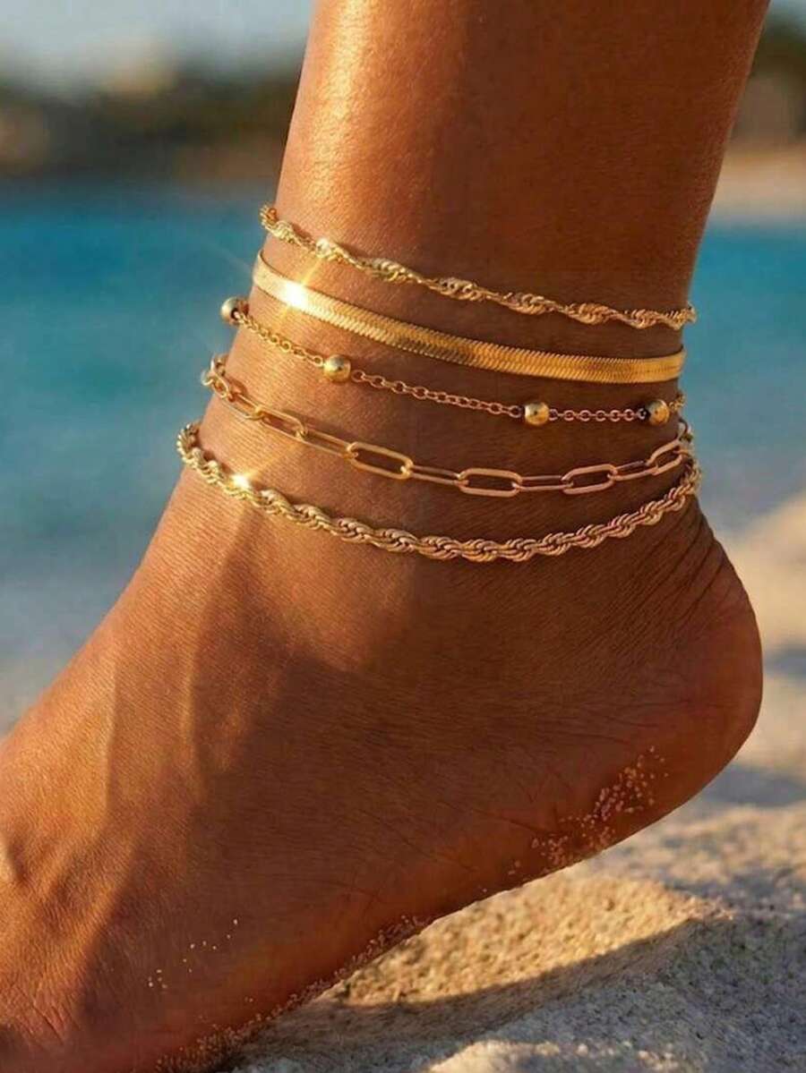 5pcs/Set Multi-Layer Stackable Gold Anklet Set, Light Luxury Niche Minimalist Design, Versatile High-End Beach Vacation Foot Jewelry For Women - Gold - View 1