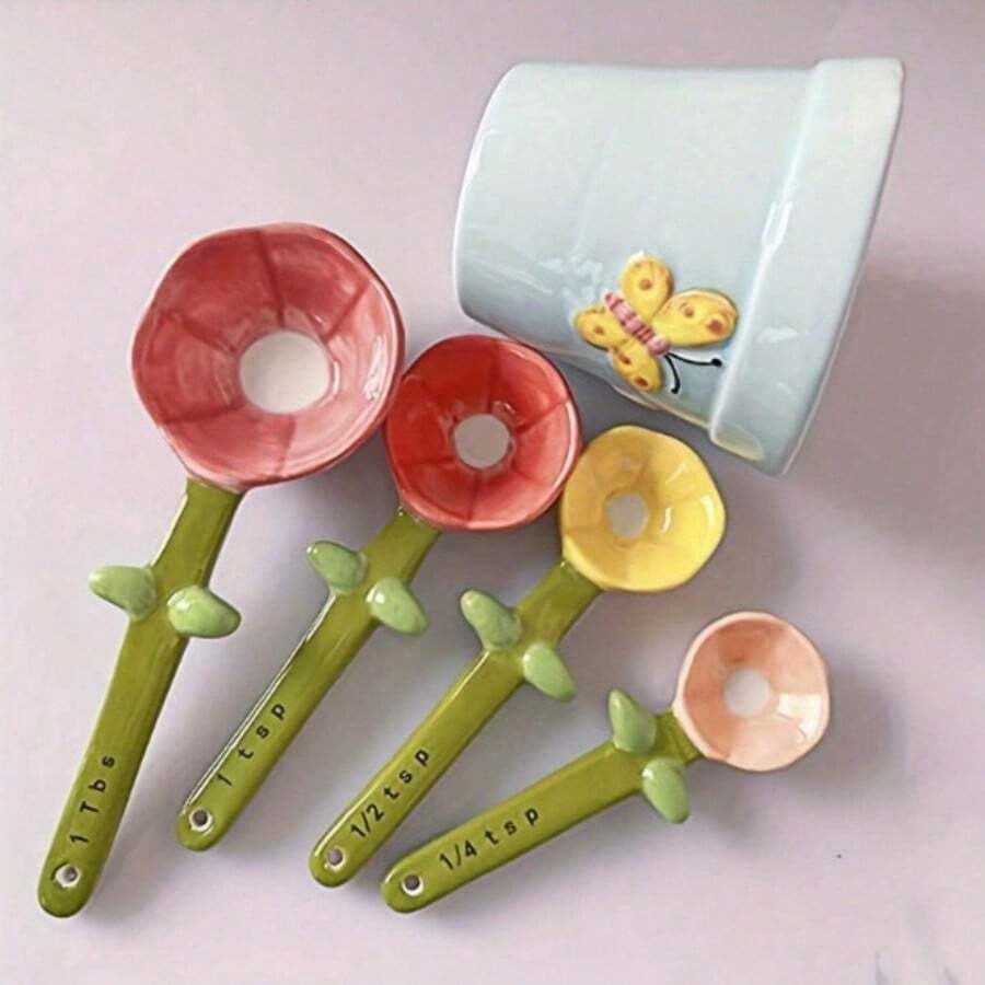 1 Juego de Cucharas Medidoras de Repostería con Diseño Lindo de Mariposa y Flor, Cucharas de Cerámica con Forma de Pétalo para Sal y Azúcar con Base, Cucharas Medidoras para Cocina del Hogar - Multicolor - Ver 1