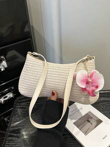 1pc Solid Color Straw Woven Flower Shoulder Underarm Baguette Bag - Beige - View 4