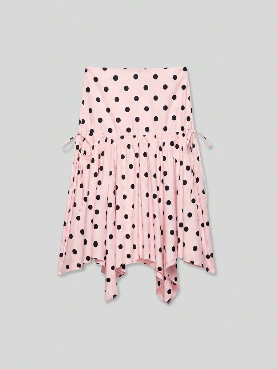 YROOE Women's Spring/Summer French Vintage Polka Dot Midi Skirt, Slim Fit Drawstring Flare Skirt Vacation - Pink - View 1