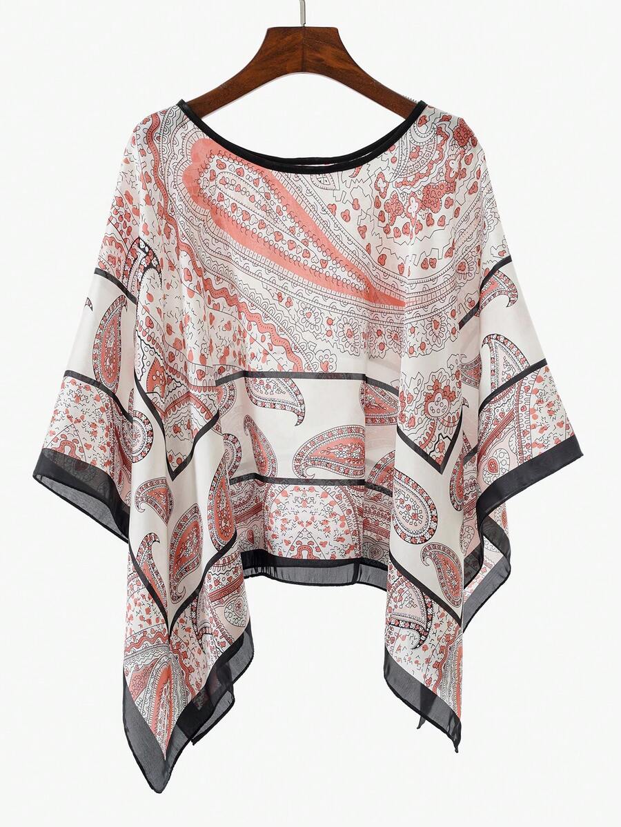 1pc Women's Vintage Elegant Paisley Pattern Printed Pullover Short Robe, Summer Daily Wear Outdoor Casual Vacation Sun Protection Cover-Up Shawl - Multicolor - View 1