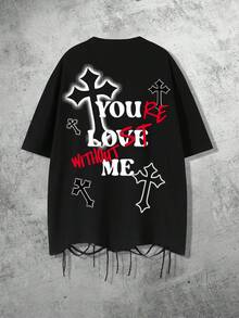 1pc Men's Gothic Hip Hop Street Style Cross Slogan Graphic Print T-Shirt With Tassel Hem, Soft Breathable Short Sleeve, Suitable For Daily Wear - Black - View 3