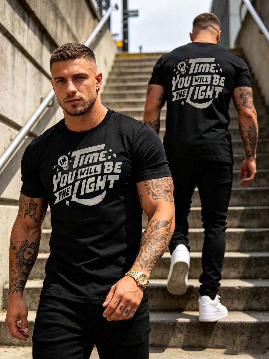 Camiseta de hombre con estampado de color de contraste, cuello redondo y manga corta, ajuste estándar - Negro - Ver 1