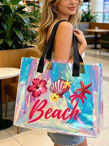 Holographic Rainbow Starfish & Shell Print Transparent Tote Bag, Colorful Transparent Beach Bag, Large Waterproof PVC Swimming Bag, Portable Transparent Travel Shoulder Bag, Lightweight Durable Pool Bag, Fashion Transparent Handbag Suitable For Beach Vacation, Swimming, Sports Training, Fitness, Travel, Daily Outings, Shopping, Mother's Day, Birthday, Anniversary, Party Gifts For Women, Girls, Moms, Friends, Summer Essential - Multicolor - View 2