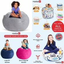Creative QT Stuff 'n Sit - Funda de almacenamiento grande de 33 pulgadas para animales de peluche y juguetes silla gigante para niños de 3 a 14 años organizador de recámara para Pascua - Pana Gris Claro - Ver 1