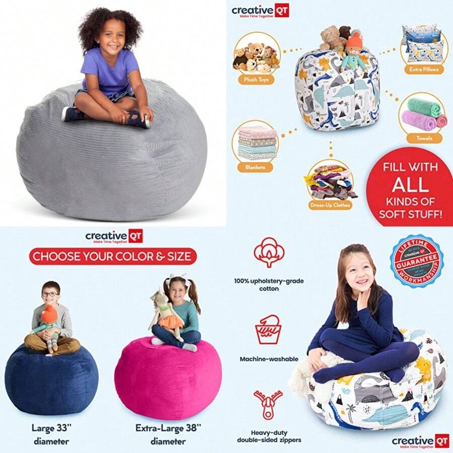 Creative QT Stuff 'n Sit - Funda de almacenamiento grande de 33 pulgadas para animales de peluche y juguetes silla gigante para niños de 3 a 14 años organizador de recámara para Pascua - Pana Gris Claro - Ver 1