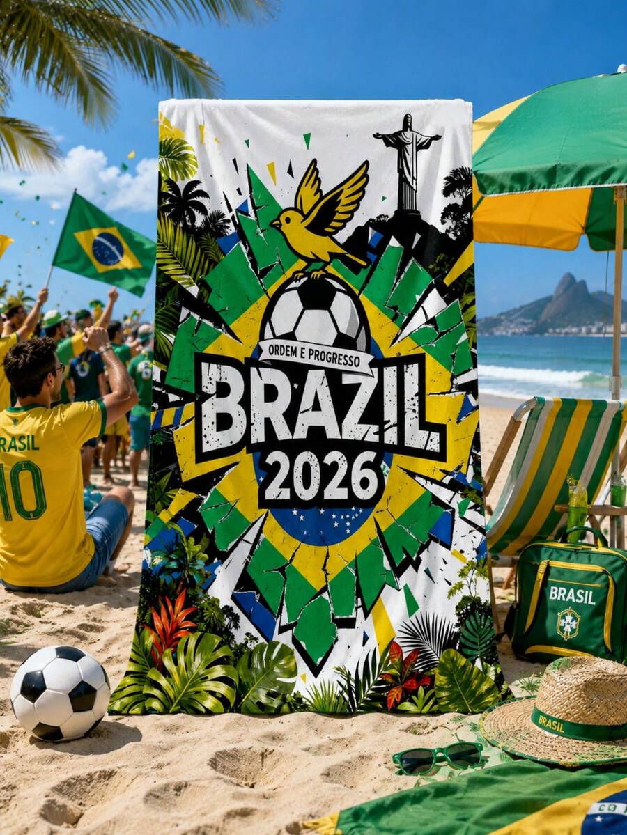 1pc/2026 Brazil Football Theme Oversized Ultra-Fine Microfiber Quick-Dry Sand-Resistant Lightweight Travel Towel, Suitable For Beach, Pool, Vacation And Sports Fans