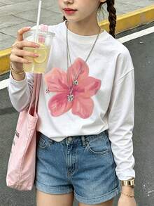 女童水彩粉色木槿花印花圓領長袖T恤，簡約柔軟休閒寬鬆基本款上衣，適合青少年女孩 - 白色 - 查看 1