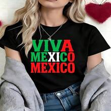 Viva Mexico Graphic T-Shirt, 100% Cotton Oversized Soft Breathable Casual Crewneck Short Sleeve Top, Retro Streetwear Summer Vibes Tee For Women & Mexico Lovers - 黑色 - 查看 18