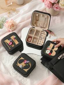 Letter PU Leather Portable Travel Jewelry Storage Box For Women, Stores Necklaces And Rings,Gift Ideas,Suitable For Home Storage And Commuting. - Flowers Letter 2 - View 3