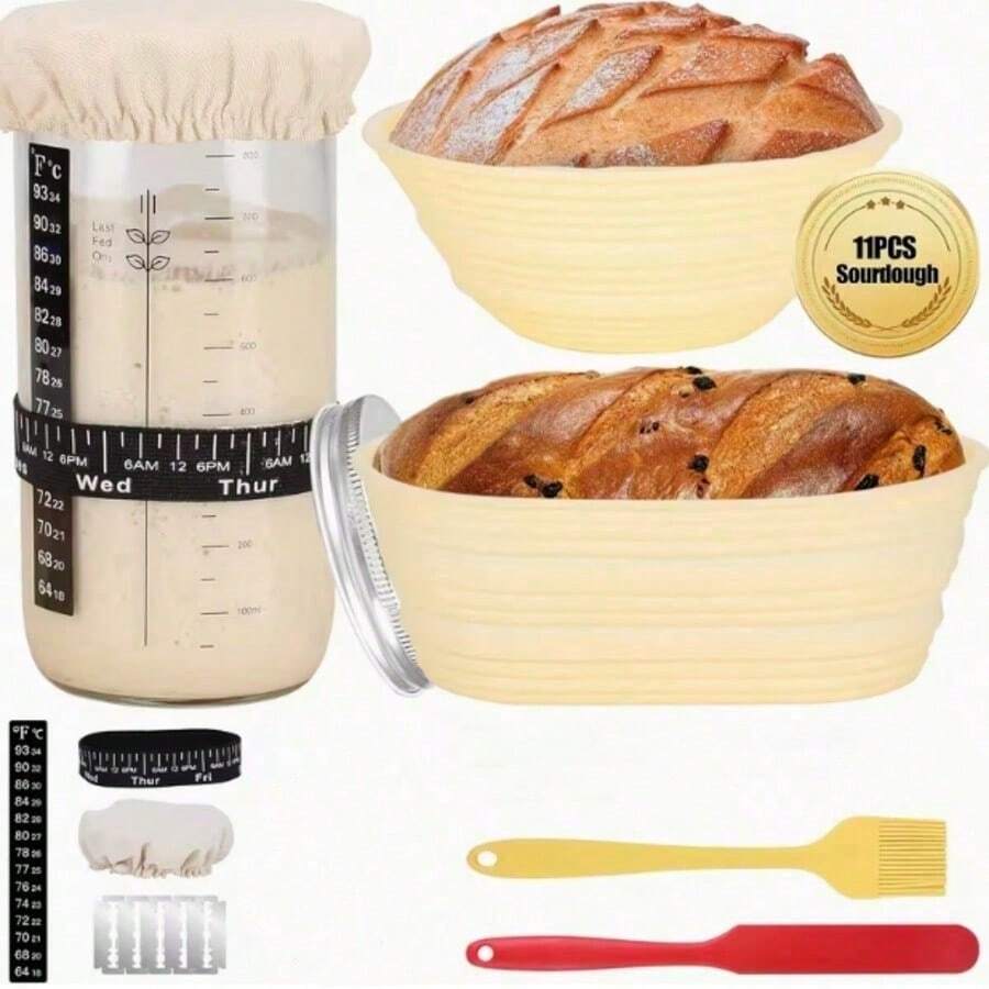Bread Fermentation And Baking Tool Kit, Including Auxiliary Labels And Tools, Cloth Cover And Aluminum Lid, Bread Baking Supplies, And Bread Fermentation Tools. - Brown - View 1